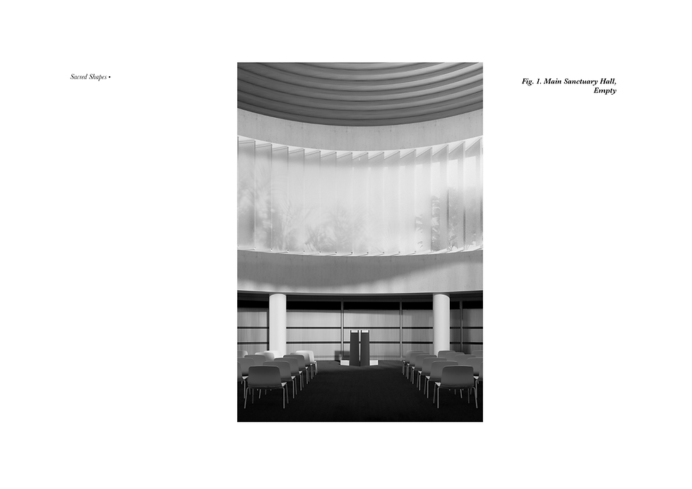 Empty sanctuary hall with rows of grey chairs facing a central podium. Curved ceiling and walls create a serene atmosphere. Mood is calm.