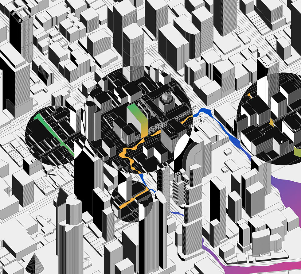 E.Willis (June 2025). Aerial view of the Lonsdale Exchange reimagined as a luminous civic landmark, using light to connect the building to the surrounding nightlife culture.