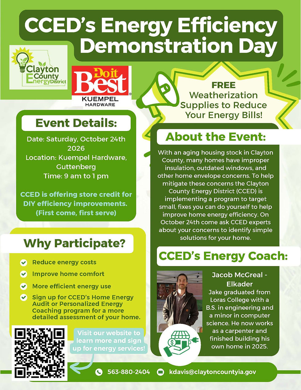 Clayton County Energy District Energy Efficiency Demonstration Day on Saturday, October 24th in Guttenberg