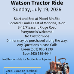 19th Annual Watson Tractor Ride will be held on Sunday, July 19th