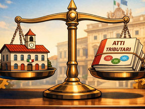 una bilancia con all'interno da una parte un comune e dall'altra un tomo con gli atti tributari