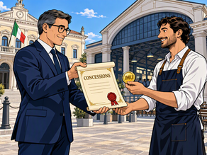 un funzionario comunale consegna a un gestore privato un atto di concessione con sigillo rosso davanti a un palazzetto pubblico con colonne, mentre il gestore porge una moneta dorata con la scritta IMU