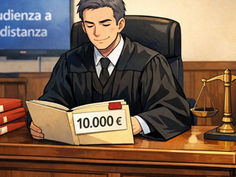 Giudice tributario in toga seduto da solo dietro a un banco con un fascicolo da 10.000 euro e uno schermo per l'udienza a distanza sullo sfondo
