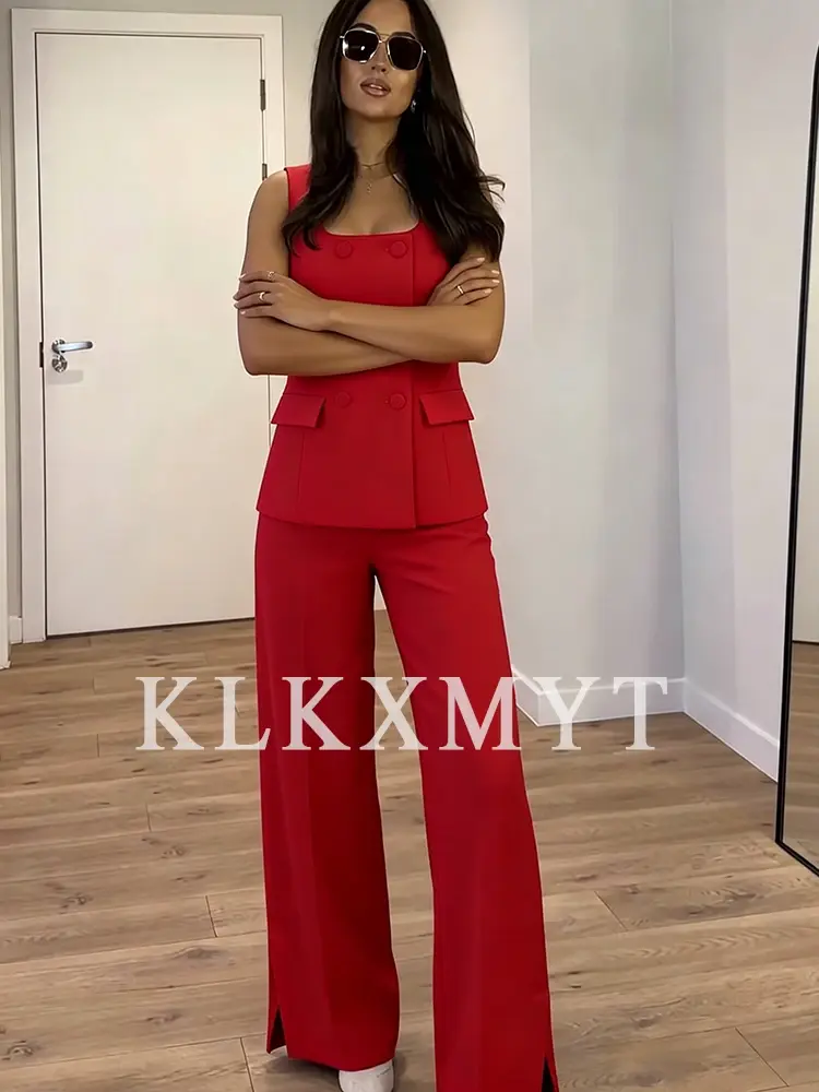 Thumbnail: Women 2 Pieces Sets New Fashion Office Vest Top+Split Straight Leg Pants Women