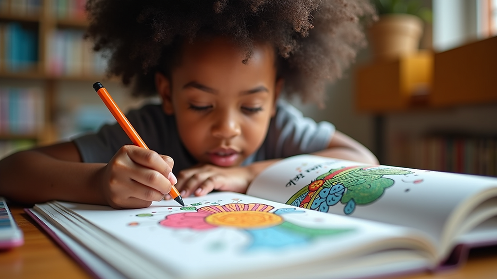 Eye-level view of a child coloring in a creative activity book celebrating Black excellence
