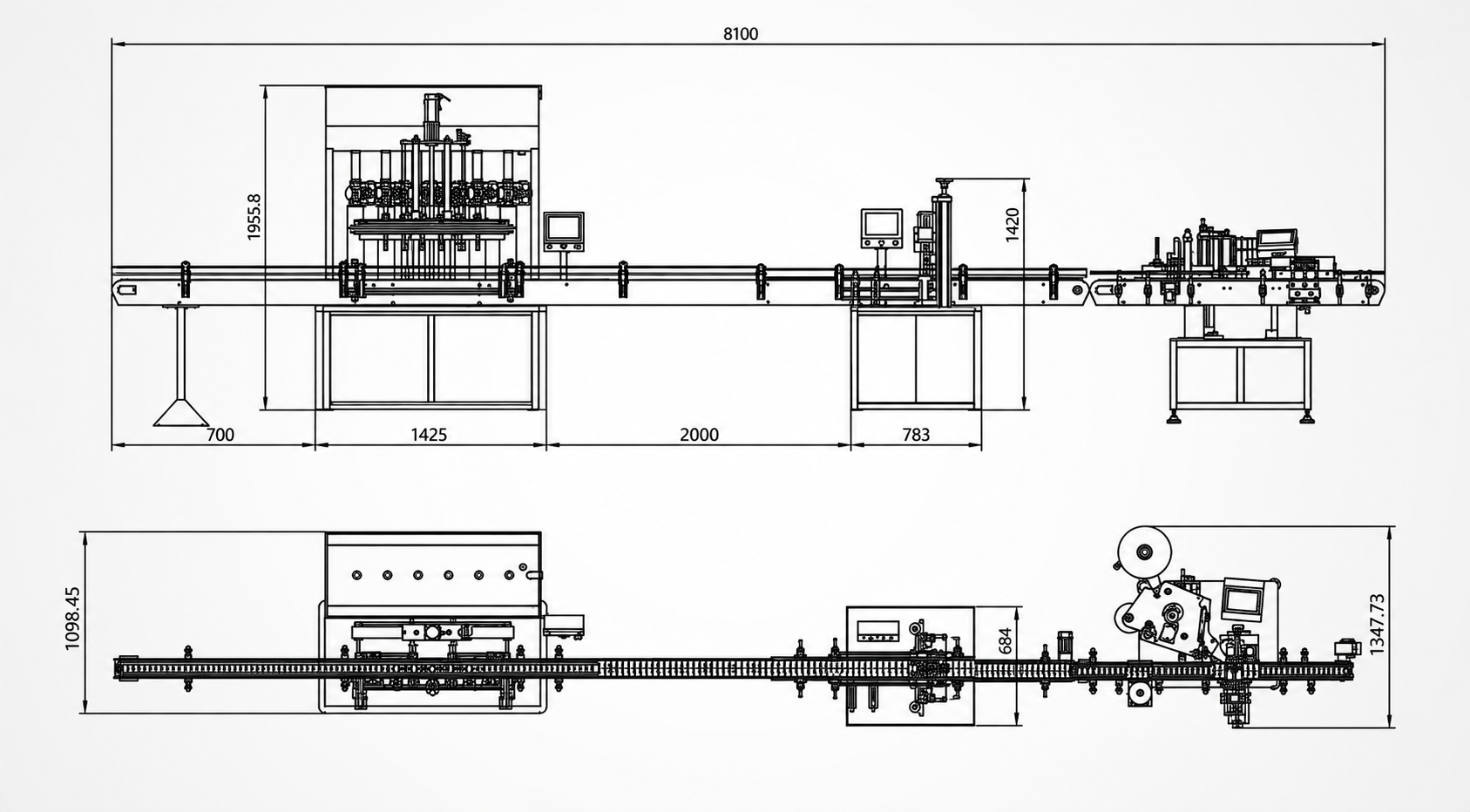 Layout of an automatic filling line with conveyor, filling machine, capping station, and product discharge area