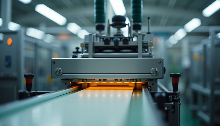 Close-up view of a sealing machine in a food packaging line