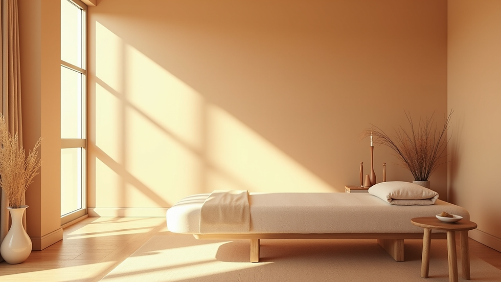 Plano medio de una sala de terapia con luz natural y decoración cálida