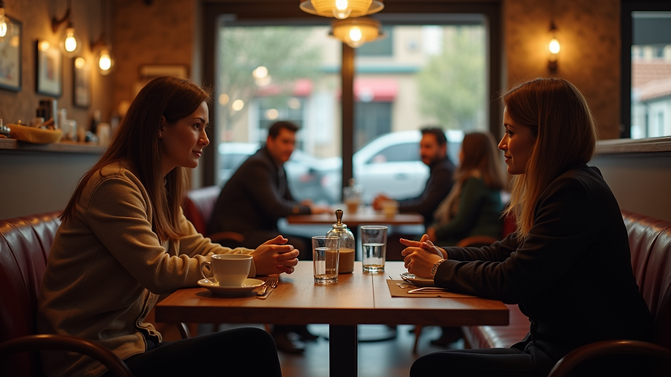 Eye-level view of a cozy café setting with people engaged in conversation
