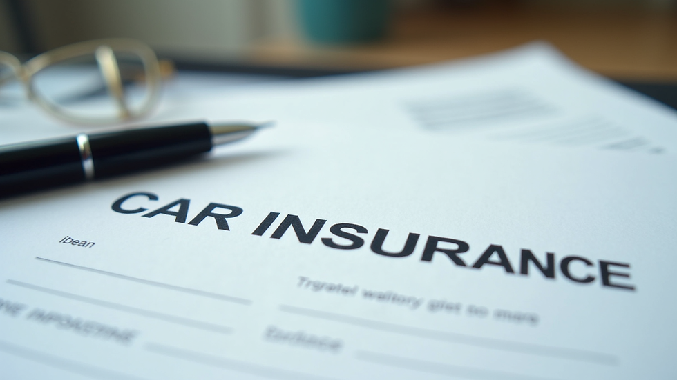 Close-up view of a car insurance document and pen on a desk