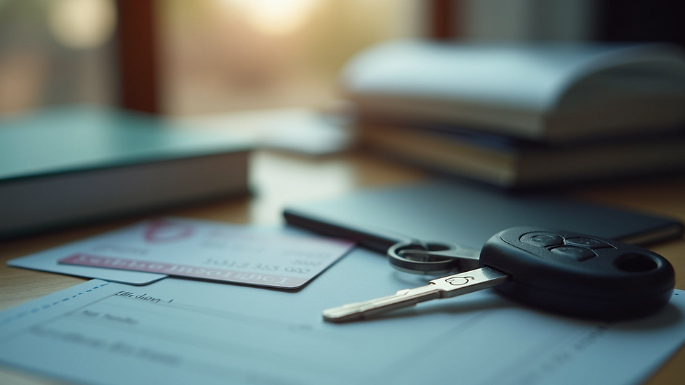 Close-up view of a car key and insurance card on a table