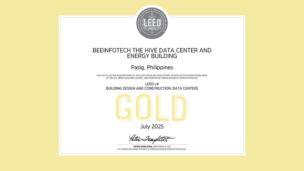 LEED certification for BEEINFOTECH The Hive Data Center, Pasig, Philippines. Gold level. Dated July 2025. Light yellow border.