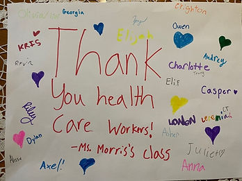 A thank you card for healthcare workers drawn by a class of third grade children