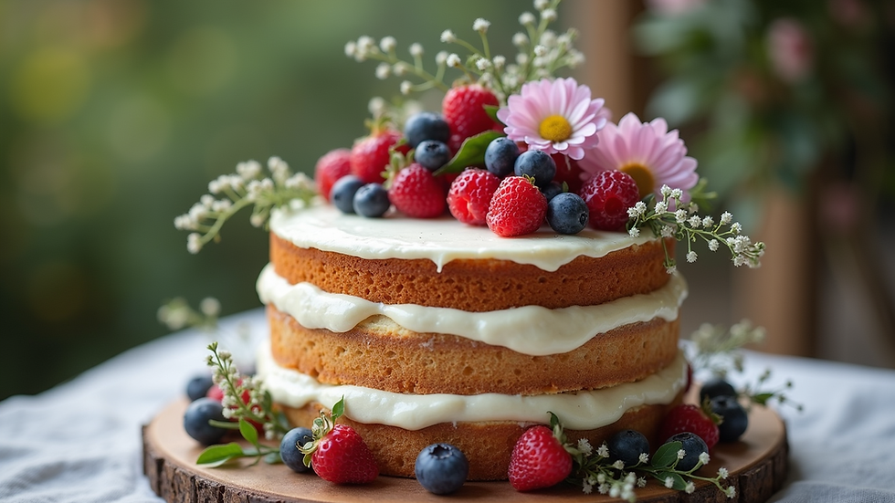 Nahaufnahme einer Naked Cake Hochzeitstorte mit frischen Beeren und Blumen