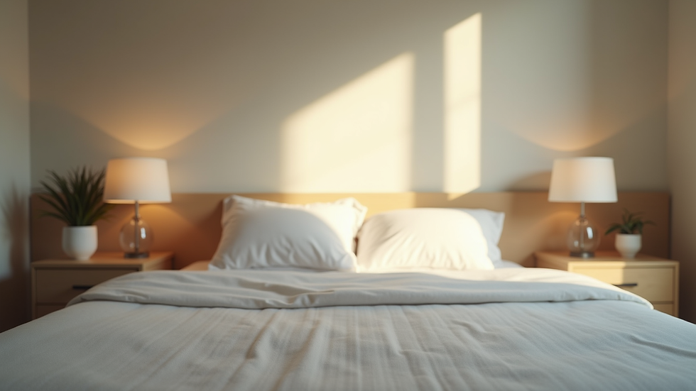 Eye-level view of a serene bedroom with soft lighting