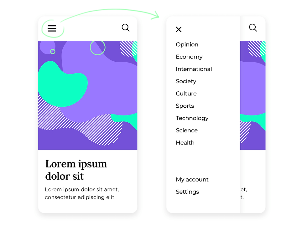 Mobile news app mockup with hamburger menu opening to a side drawer listing Opinion, Economy, International, and more over a purple-teal homepage.