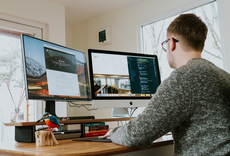 Man in a home office works at dual monitors showing a website and code, with a colorful bird figurine on the desk.
