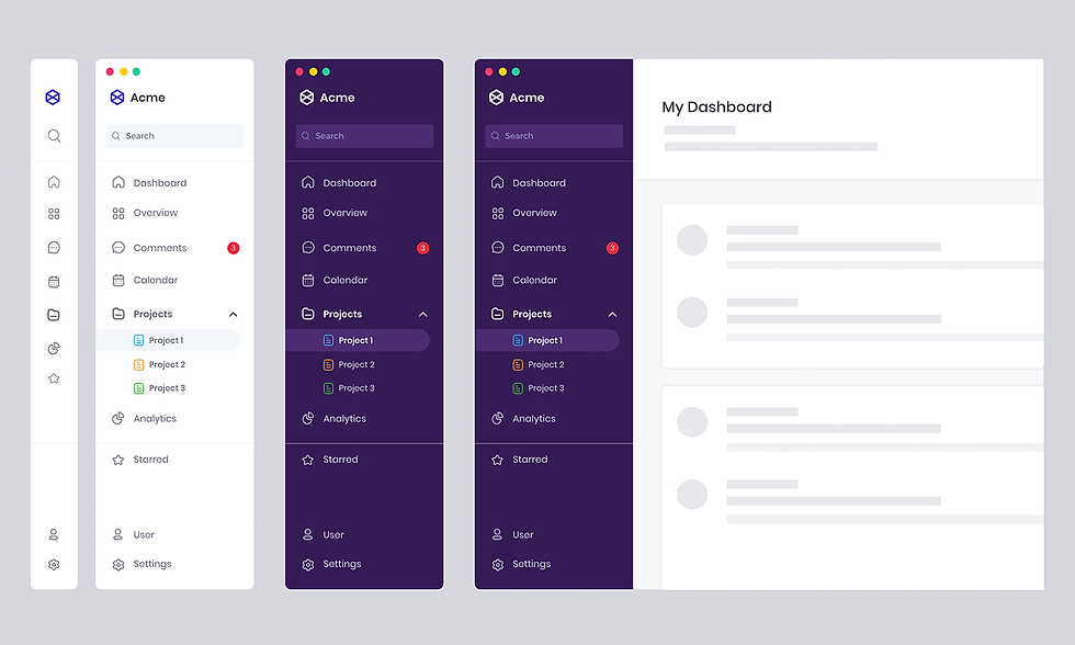 Dashboard UI mockup with Acme sidebar menus in light and dark themes and a My Dashboard content area with placeholder cards
