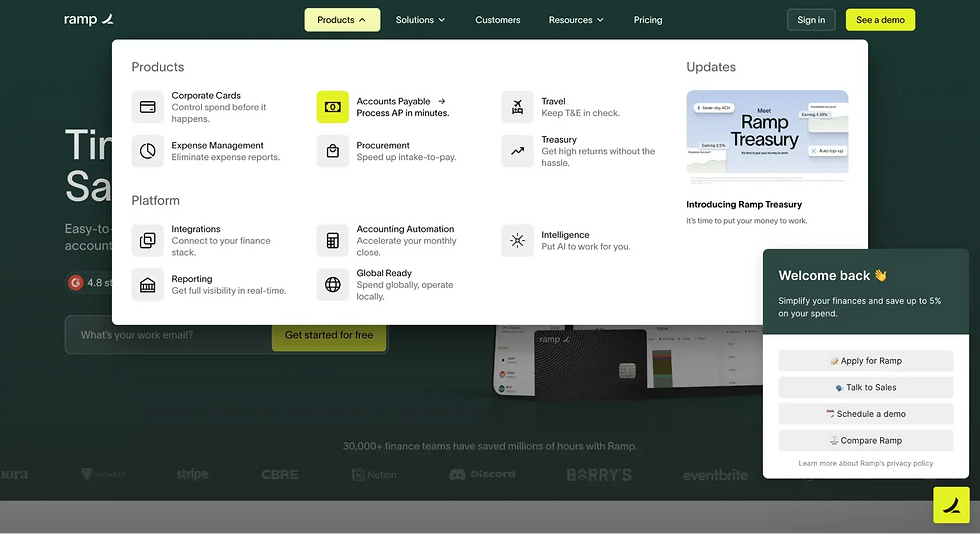 Ramp website homepage with Products menu open, showing finance tools and a Welcome back popup with action buttons.