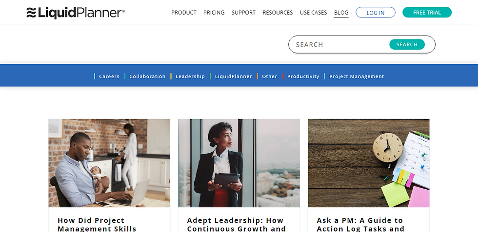 LiquidPlanner blog page with search bar, category tabs, and three article cards with photos of people, a clock, and notes.