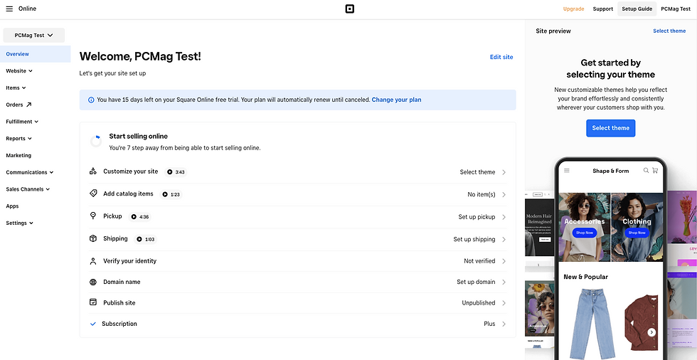 Square Online setup dashboard for PCMag Test, with left navigation, setup checklist, and site preview prompting Select theme.