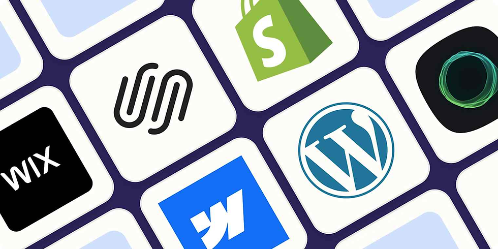 Grid of website platform logos, including Wix, Squarespace, Shopify and WordPress, on white tiles against a dark purple background.