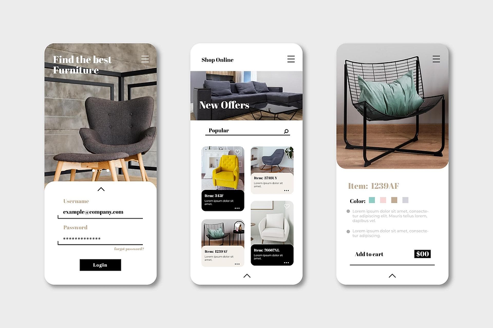 Three furniture shopping app screens: login, product grid, and chair detail with prices, item codes, and menu icons on a clean white background