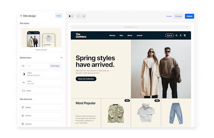Website editor showing a fashion store homepage with models, spring styles headline, product tiles, and Publish button in the top right