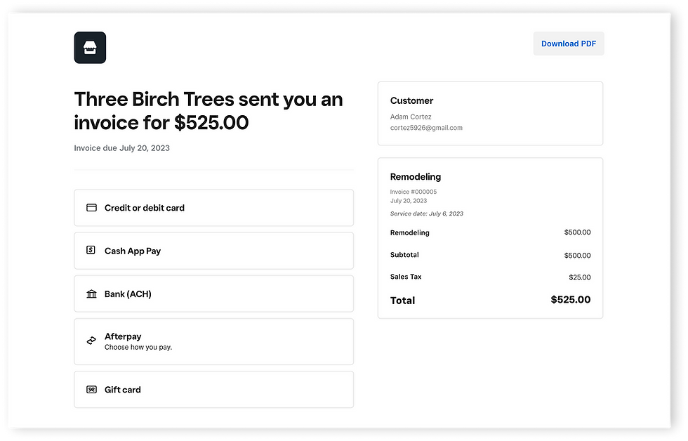 Invoice page for Three Birch Trees showing $525 total, customer Adam Cortez, payment options, and a Download PDF button.