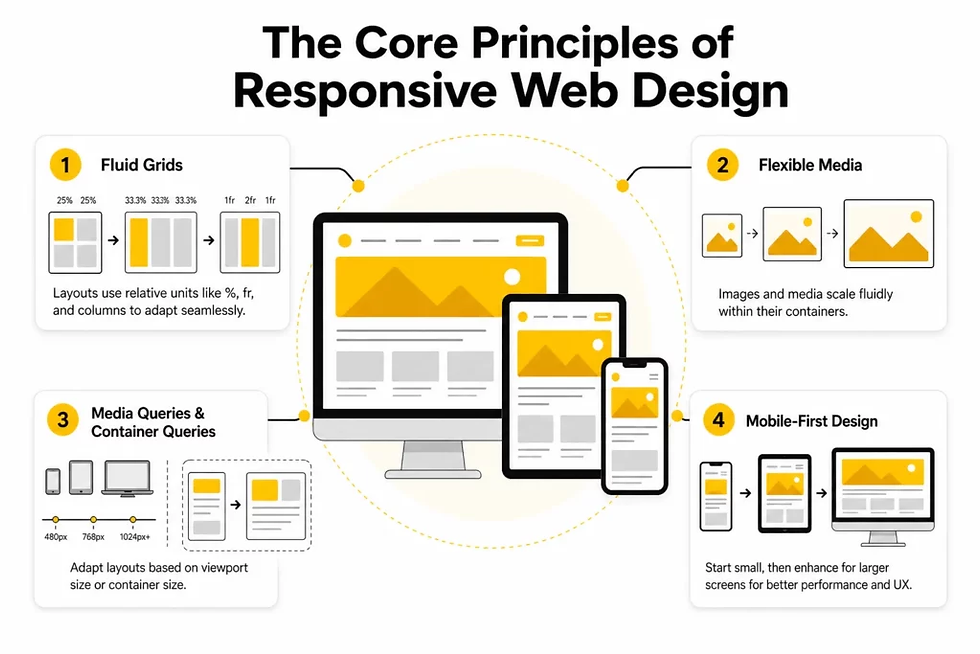 Infographic titled The Core Principles of Responsive Web Design, showing four tips with desktop, tablet, and phone screen icons.
