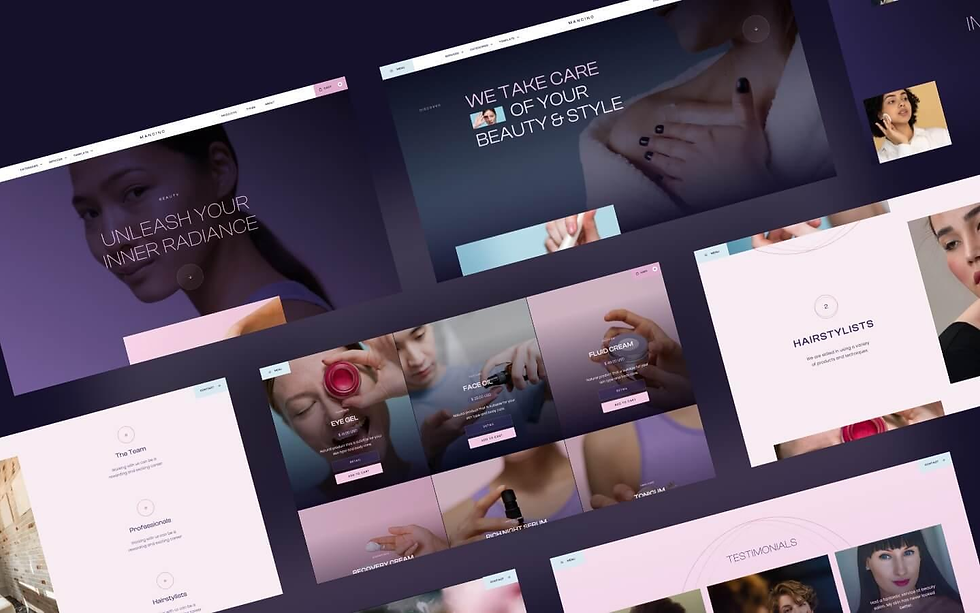Collage of beauty website mockups with women, skincare products, and headlines like Unleash Your Inner Radiance.