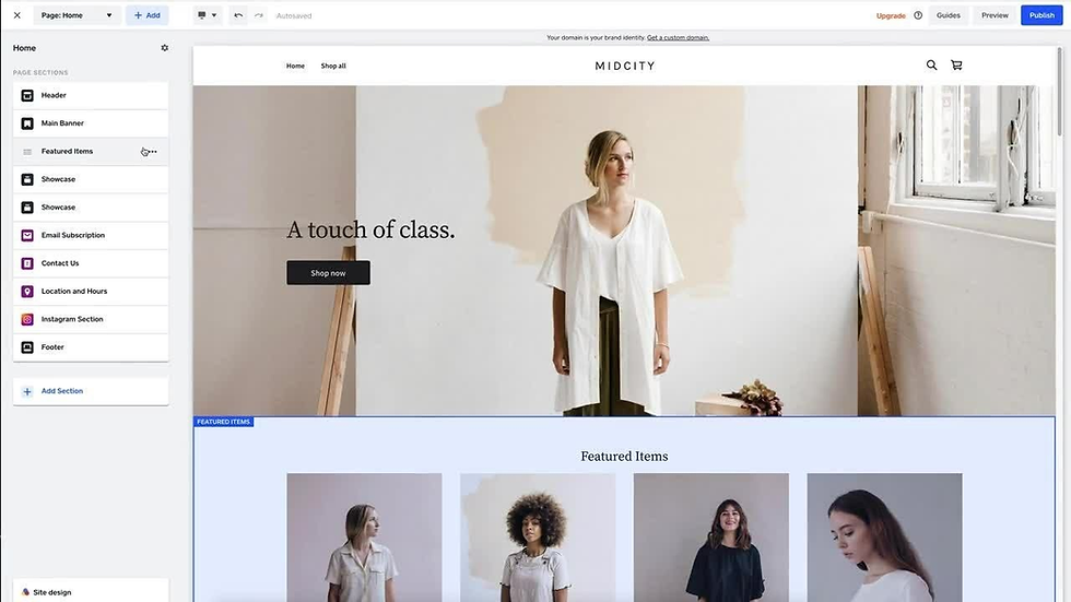 Website editor showing MIDCITY fashion homepage with model hero image, A touch of class, Shop now, and Featured Items grid