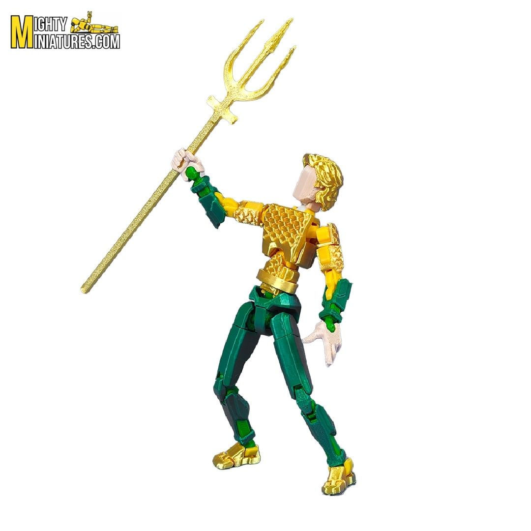Mighty Miniatures AquaMann Prime Trident Action Figure – Fully Articulated Ocean Warrior Collectible (Gold & Green) 14 cm Po