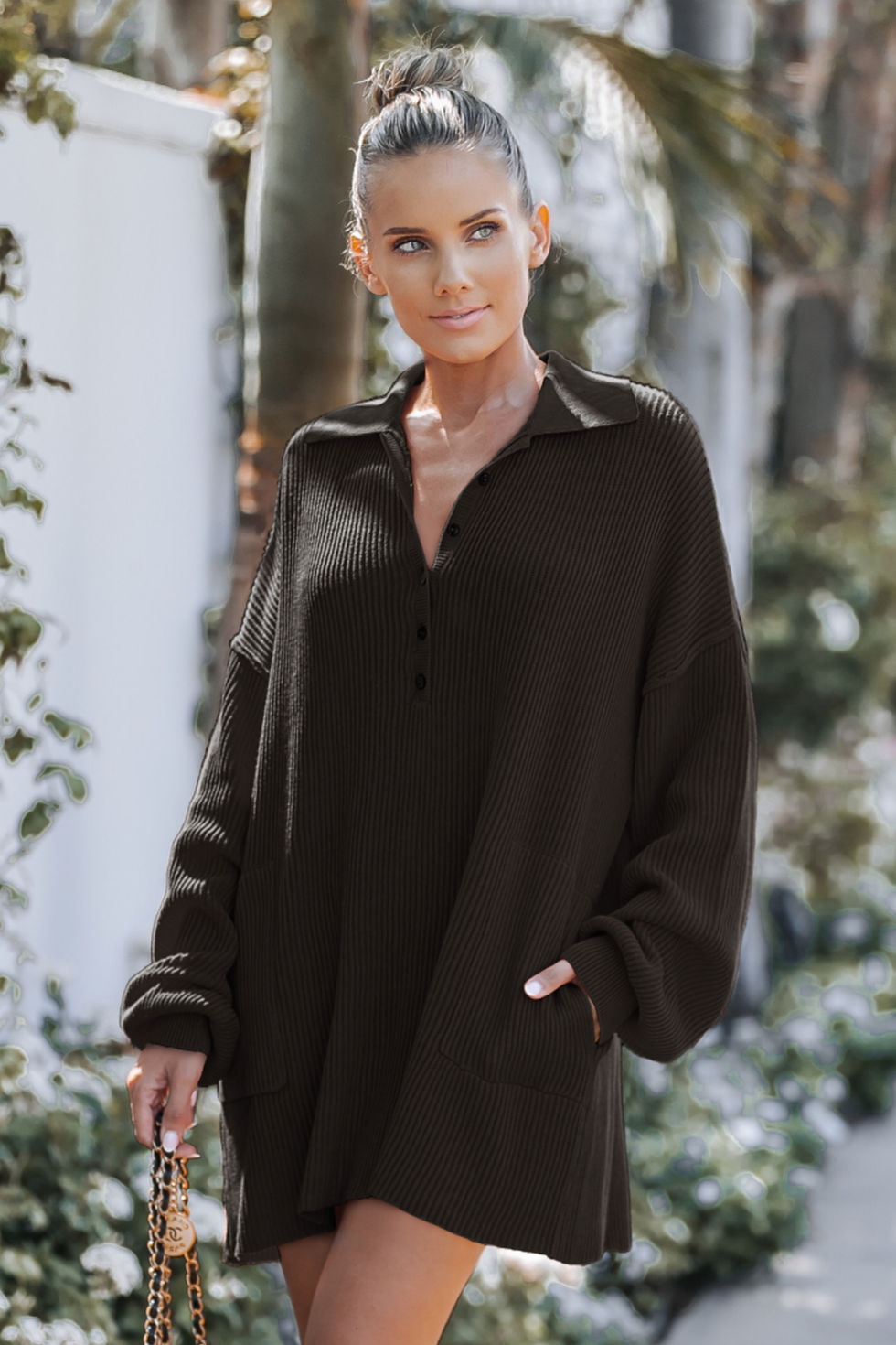 Thumbnail: RIBBED KNIT TUNIC POLO SWEATER SHIRT W/ POCKETS