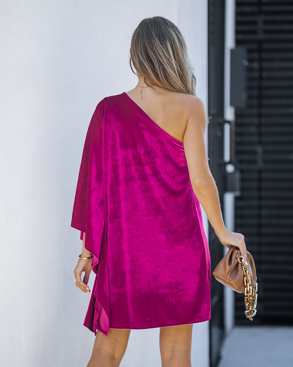 Thumbnail: ONE SHOULDER VELVET STATEMENT DRESS - WINE