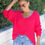 Thumbnail: POPCORN V-NECK SWEATER TOP - FUCHSIA