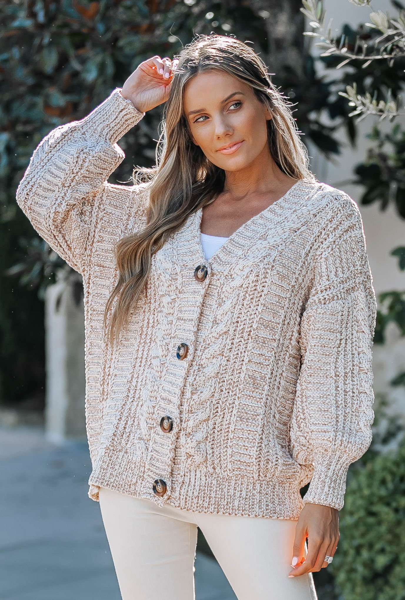 SUPER SOFT TWO TONE CABLE CARDIGAN WITH POCKETS