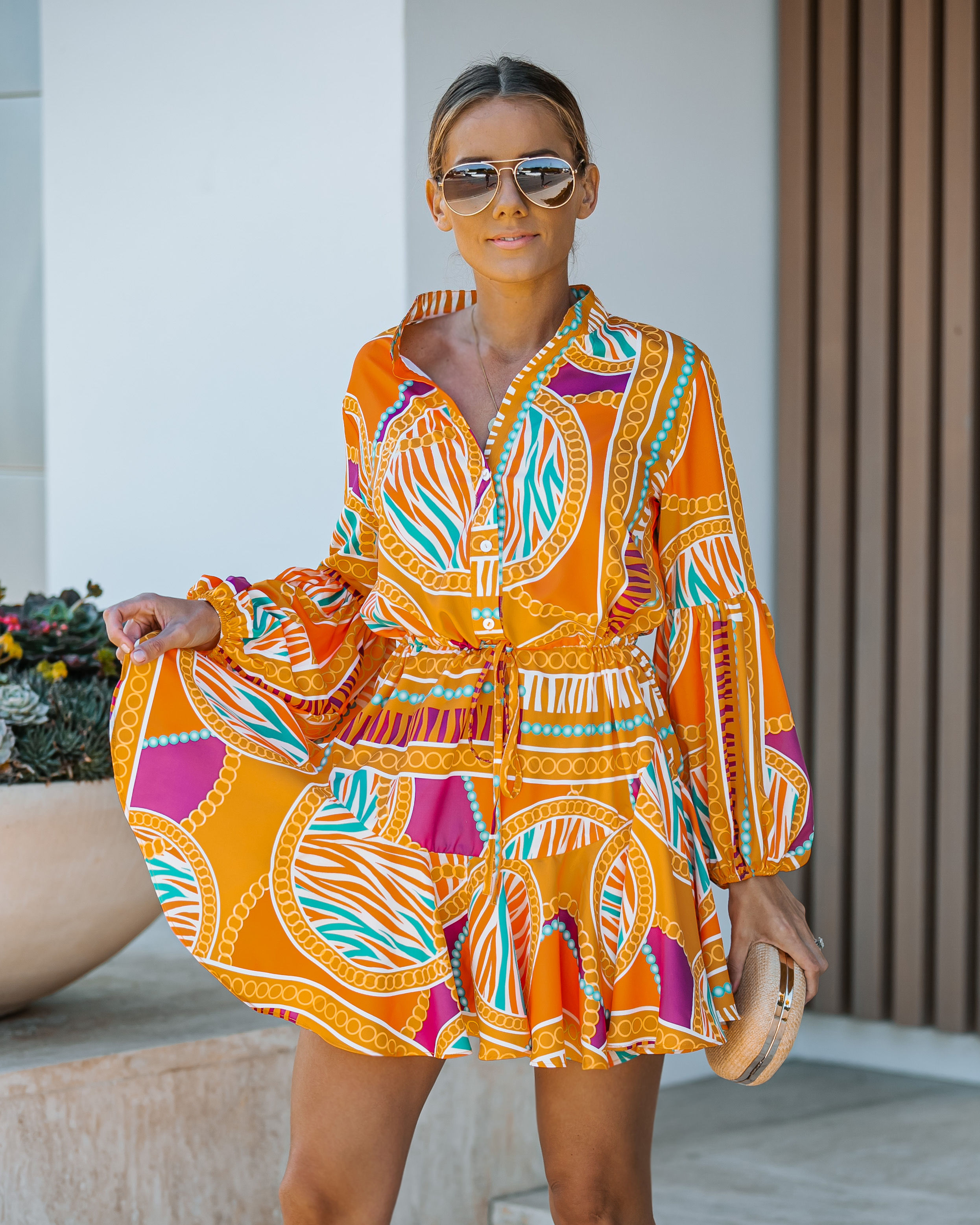 ADJUSTABLE BALLOON SLEEVE DRESS - ORANGE