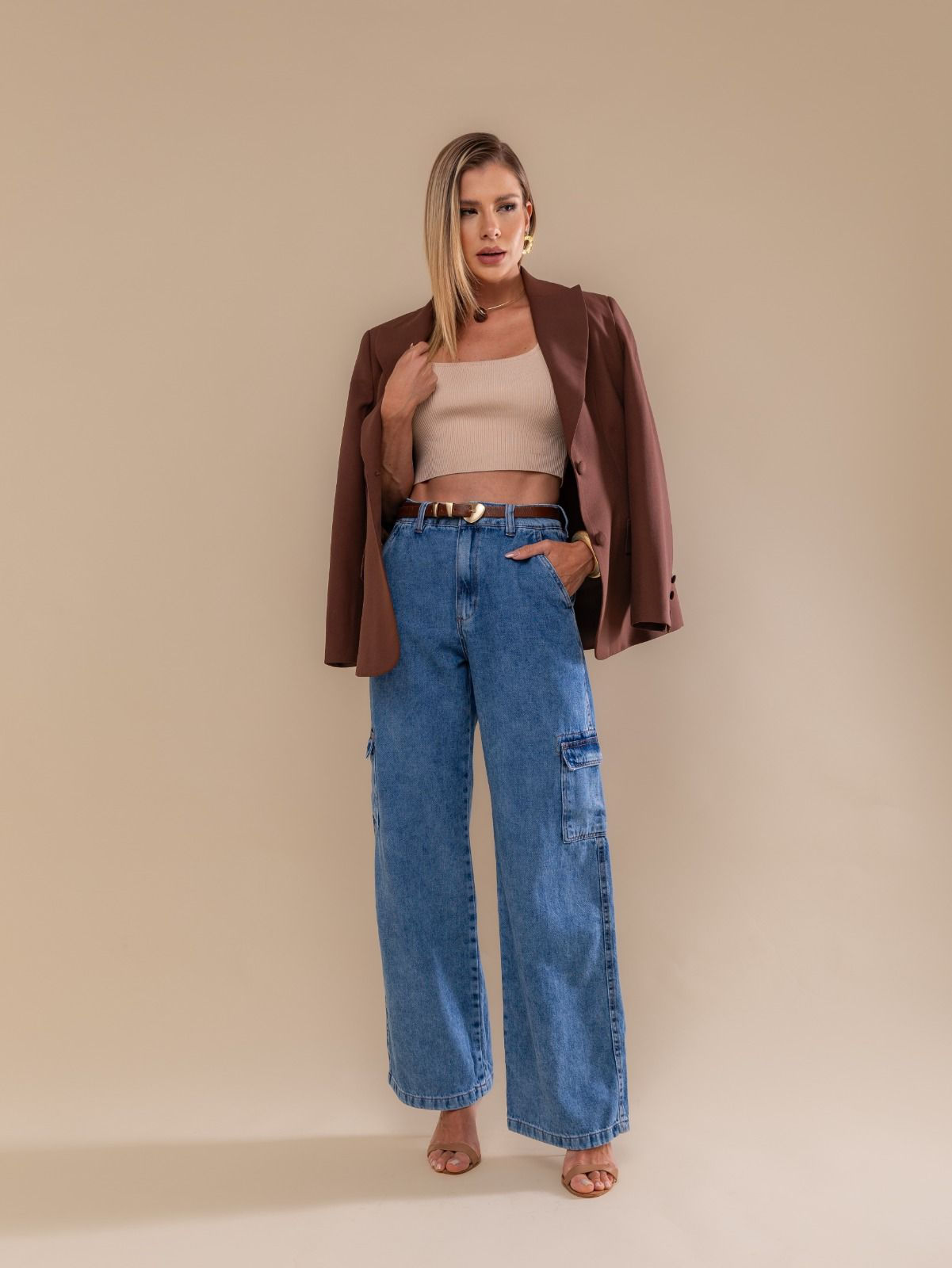 CALÇA JEANS CARGO - CORTE RETO