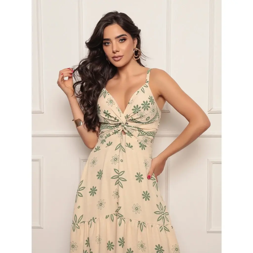 VESTIDO LONGO - OFF E VERDE ESTAMPADO