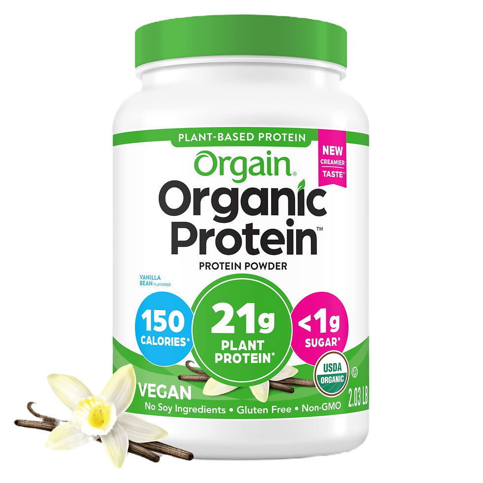 Container of Orgain Organic Protein powder, vanilla flavor. Features include 21g plant protein, 150 calories, vegan, non-GMO. Vanilla flower displayed.