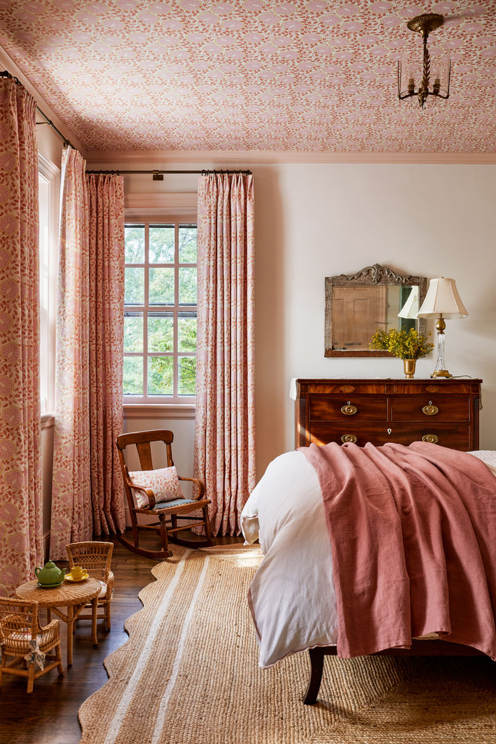Pink floral ceiling wallpaper in a kid's bedroom, Warrenton, VA colonial