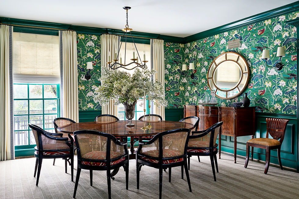 Warrenton VA living room with grasscloth walls, antique wood chair and gold statement mirror