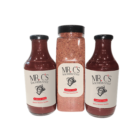 Mr. C's Southern Style Sweet Hickory Smoke barbecue sauce and Mr. C's Southern Style Barbecue Seasoning Rub.