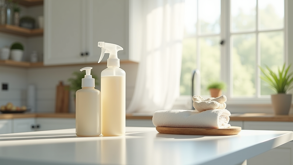 Close-up view of a clean kitchen countertop with natural cleaning products