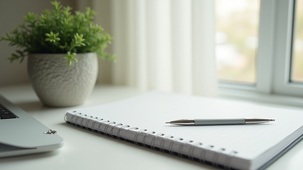 Eye-level view of a minimalist workspace with a notebook and a plant