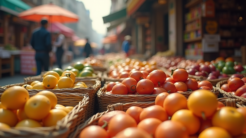 Eye-level view of a vibrant outdoor market filled with colorful products