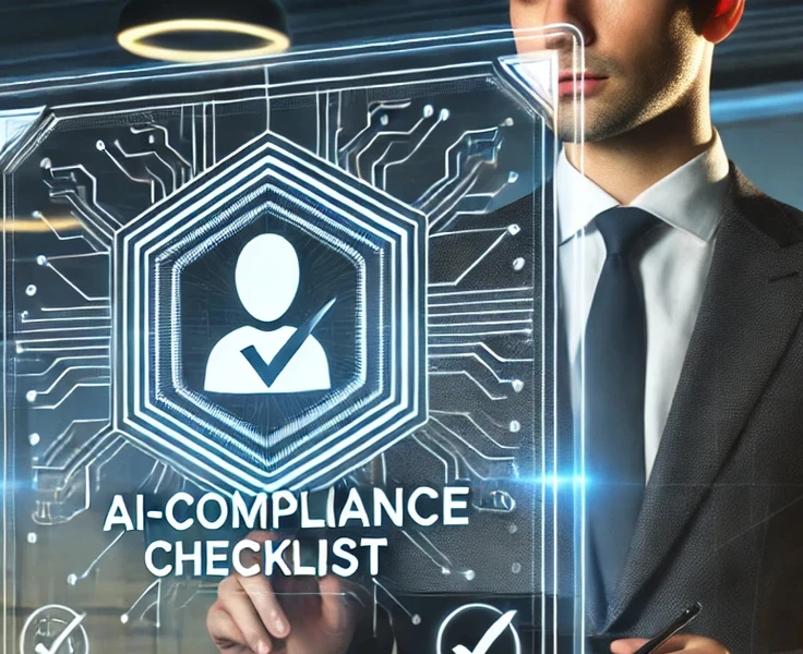 AI-Compliance-Checkliste auf einem holografischen Display – Symbol für Zertifizierung 