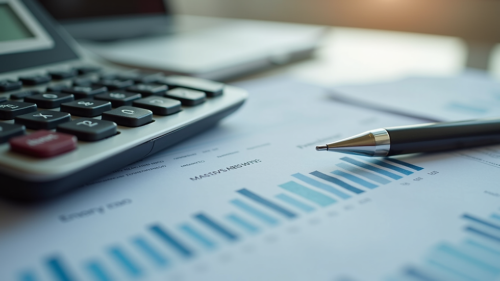 Close-up view of a calculator and financial papers on a desk