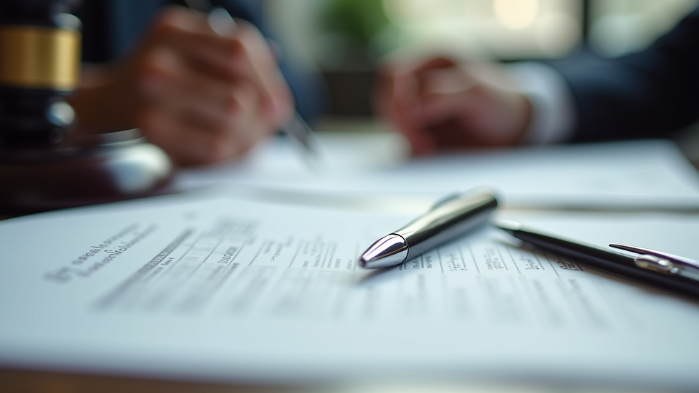 Close-up view of legal documents and a pen on a desk in a London law firm